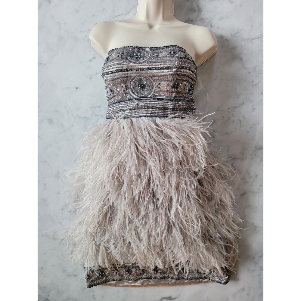 Sue Wong Y2K Boa Ostritch Feather Beaded Strapless Glam Ivory Prom Dress Women 4